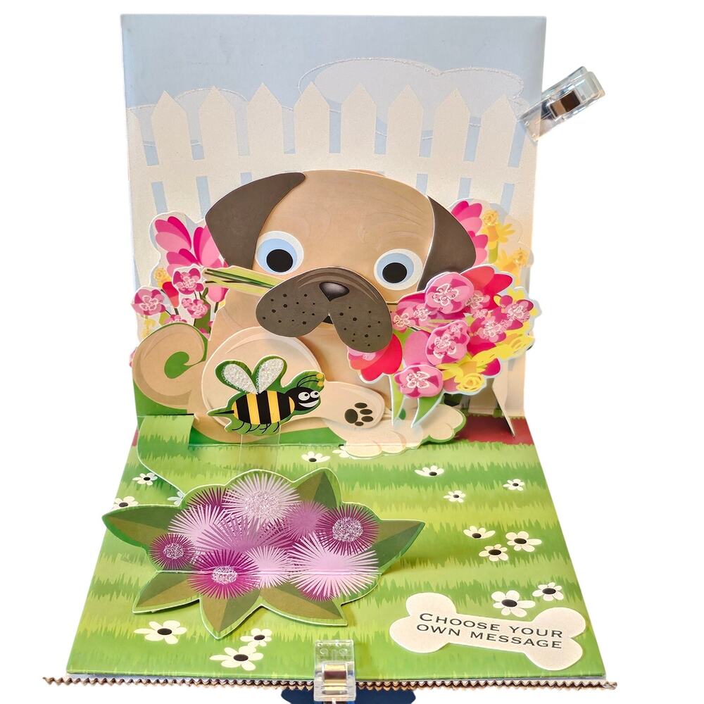 Pug Dog Bouquet Pop Up Greeting Card Dog Flowers Birthday Get Well Personalize